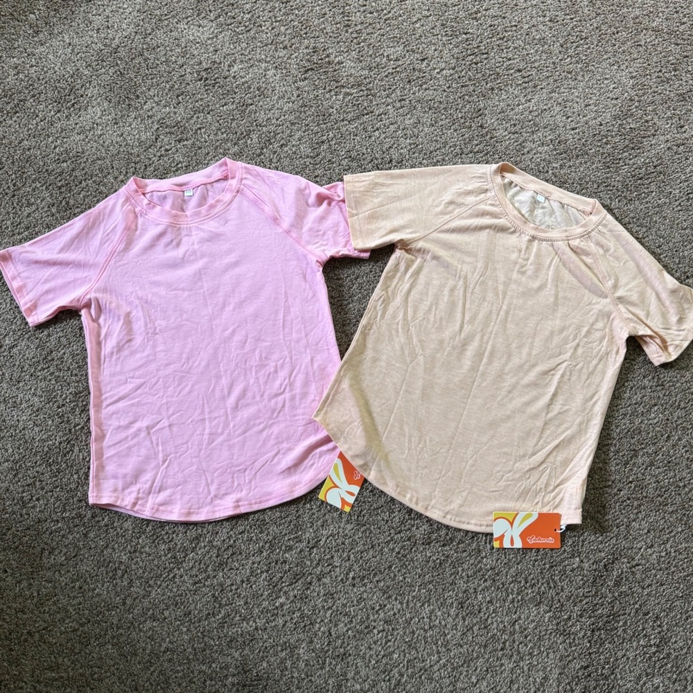 YooAurvox Kids Pink and Peach Raglan Short Sleeve Curved Hem Tee 2pk Size 9-10Y